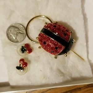 Ladybug brooch and cherry stud earrings with green crystal leaves